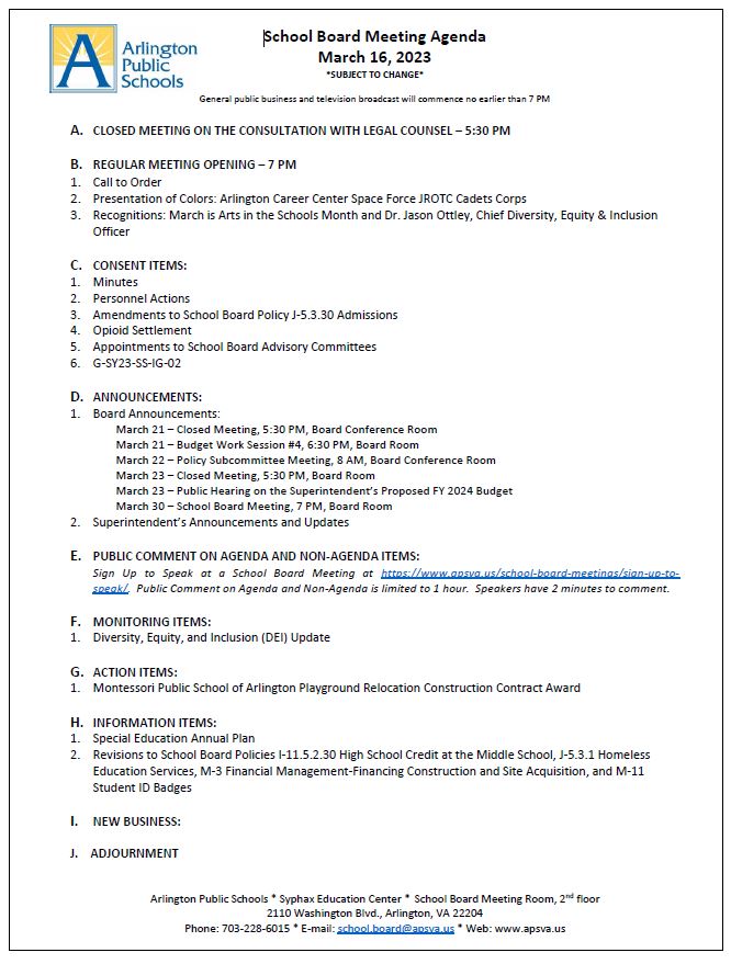 The agenda for today's March 16, 2023, @ 7:00 pm, SB Meeting is posted on BoardDocs:
<a target='_blank' href='https://t.co/4l4LELbDUE'>https://t.co/4l4LELbDUE</a> - Subject to change.

Meetings are available for viewing live on the APS website <a target='_blank' href='https://t.co/OxE5eTLJcd'>https://t.co/OxE5eTLJcd</a>…
Broadcast on Comcast Cable CHL 70 & Verizon FIOS CHL 41 <a target='_blank' href='https://t.co/nnNEBin2zv'>https://t.co/nnNEBin2zv</a>