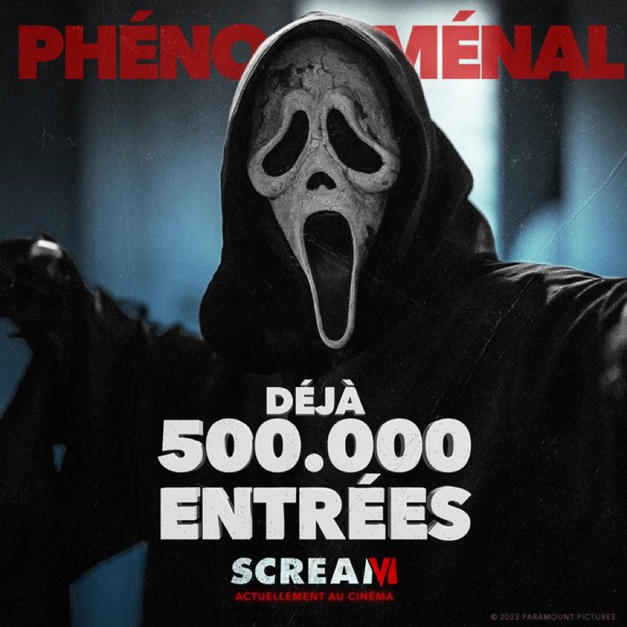 boxofficefr's tweet photo. Le cap des 500.000 entrées déjà franchi par #Scream6 qui fonce vers le million 🙌😱👏 cc @paramountfr https://t.co/xap0BGLnfa