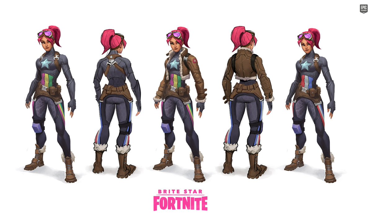 My concept paintings for Brite Star. It was a fun challenge to combine Brite bomber and Captain America. Not sure if I like her with or without the jacket better. I’m glad they made it optional #fortnite #britestar #fortniteskin #conceptart #characterdesign #britebomber