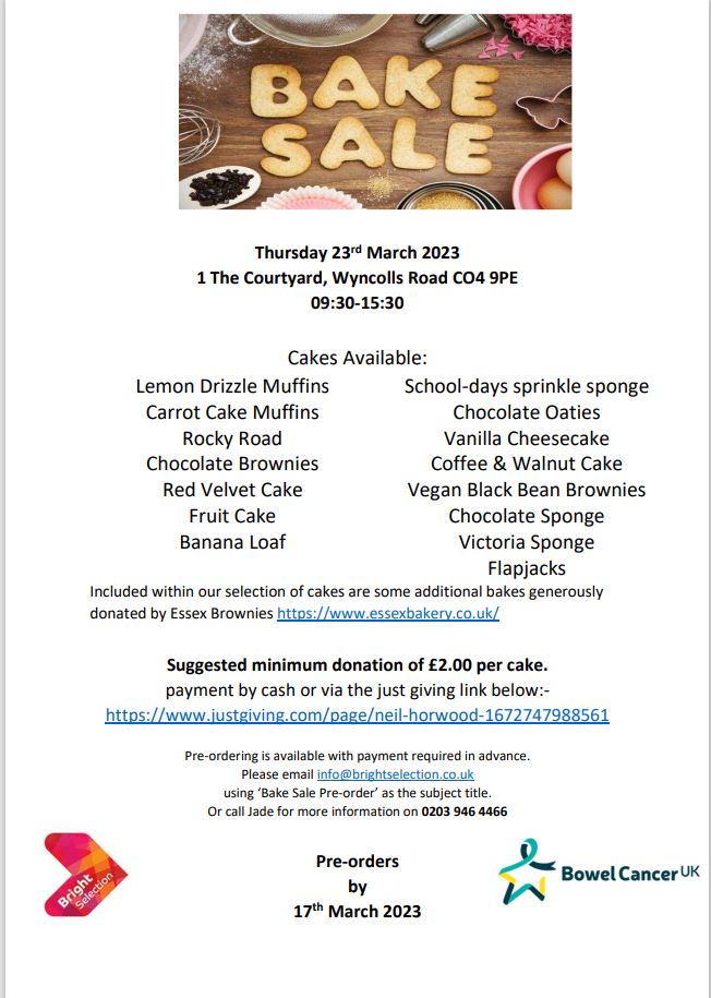 On 23rd March Bright Selection are hosting a bake sale in support of Neil's Fundraising for @BowelCancerUK.

Please come and drop in if you can, we’re also getting prepared with pre-orders if you want to be guaranteed your favourite cake!!

linkedin.com/feed/update/ur…