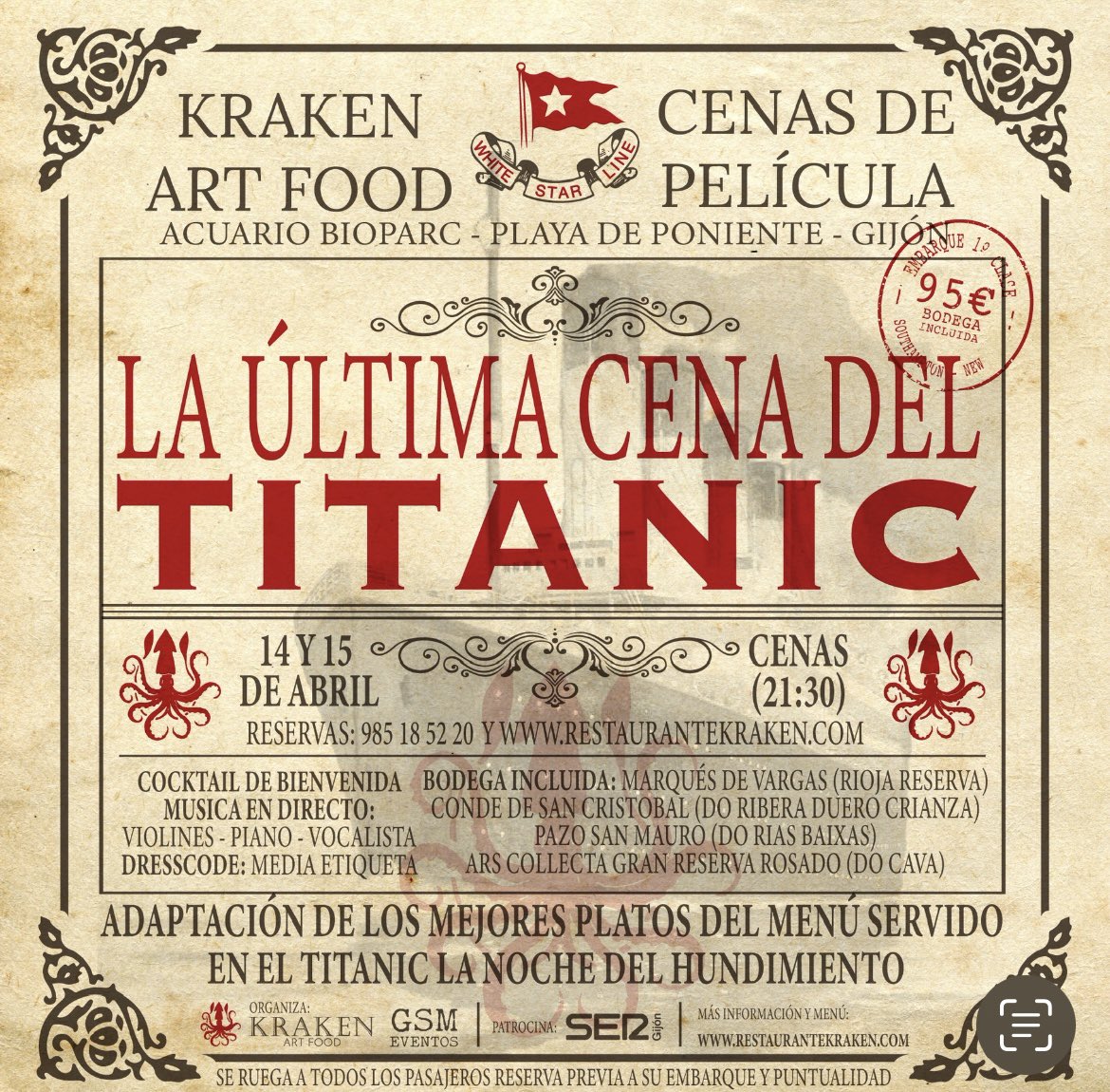 CesarTelenti's tweet photo. LA ÚLTIMA CENA DEL TITANIC
14 y 15 de abril, recreación del menú de la última cena servida en 1912.
Cocktail de bienvenida con música de violín en directo y cena con pianista y vocalista. #ultimacenadeltitanic #gsmeventos #restaurantekraken #gijon 

https://t.co/RjxBLS0aJD https://t.co/UQJmd9vnHM