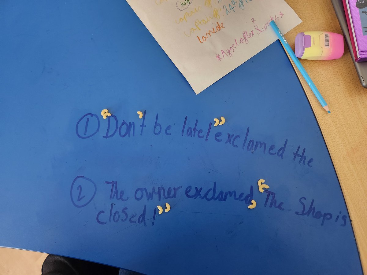 learning_gee's tweet photo. The CPA approach to SPaG ✨. We went back to basics in Y4 today. Using maceroni as inverted commas (&amp; commas and apostrophes) is fun and impactful. 
We also used a 'busy image' to inspire us. Thanks @Grammarsaurus1 for the idea. So great for quick fire🔥 SPaG and ESL learners 😊 https://t.co/x8tDoWdUnt