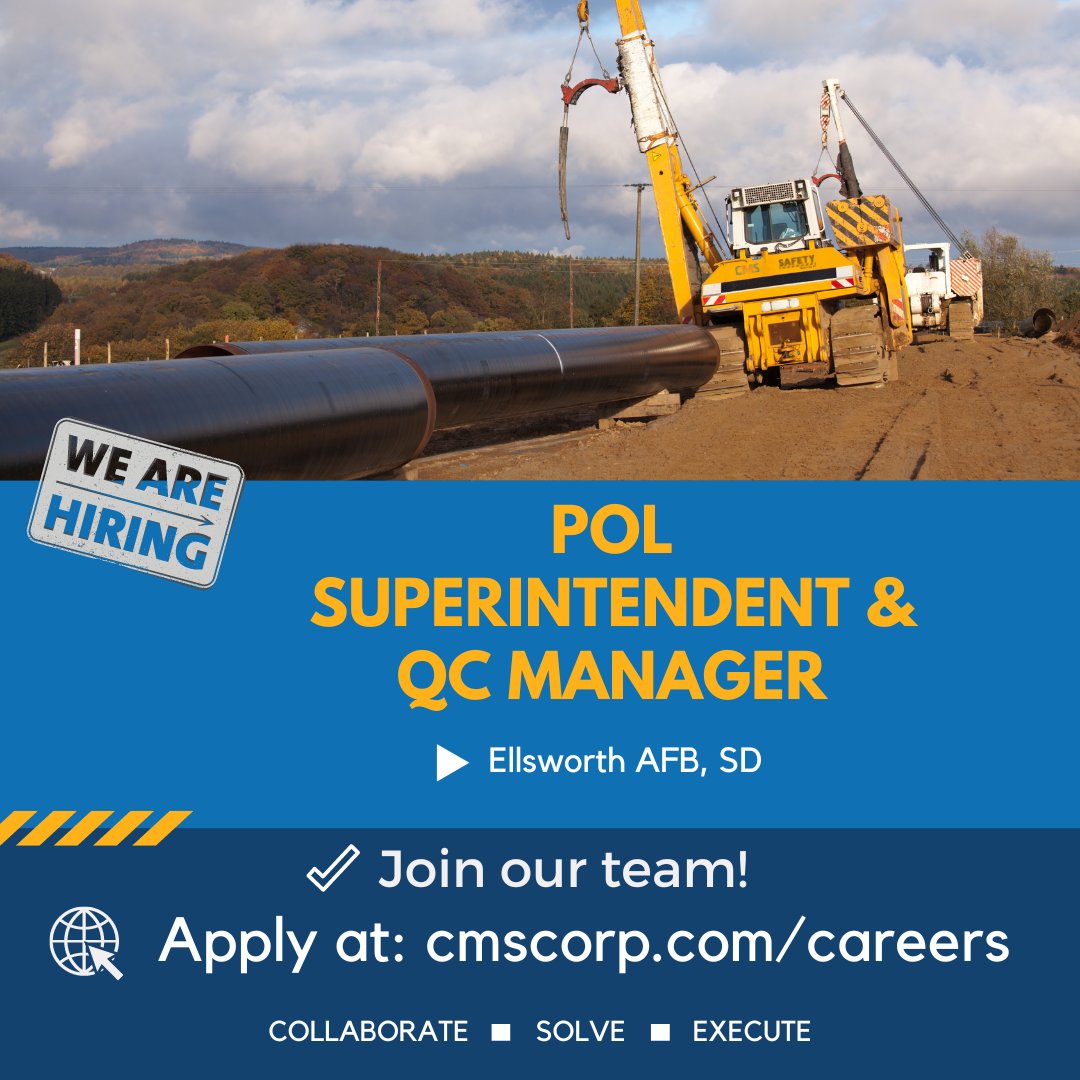 CMS_Corp's tweet photo. We are looking for Fuels professionals at Ellsworth AFB, SD!  Do you have DoD POL experience?  Apply at the links below:
For Superintendent: https://t.co/gx4jWfMPTf 
For QC Manager: https://t.co/9mdYHQMM0g 
#EllsworthAFBJobs #DoDFuelsJobs https://t.co/K6cTG6lbs5