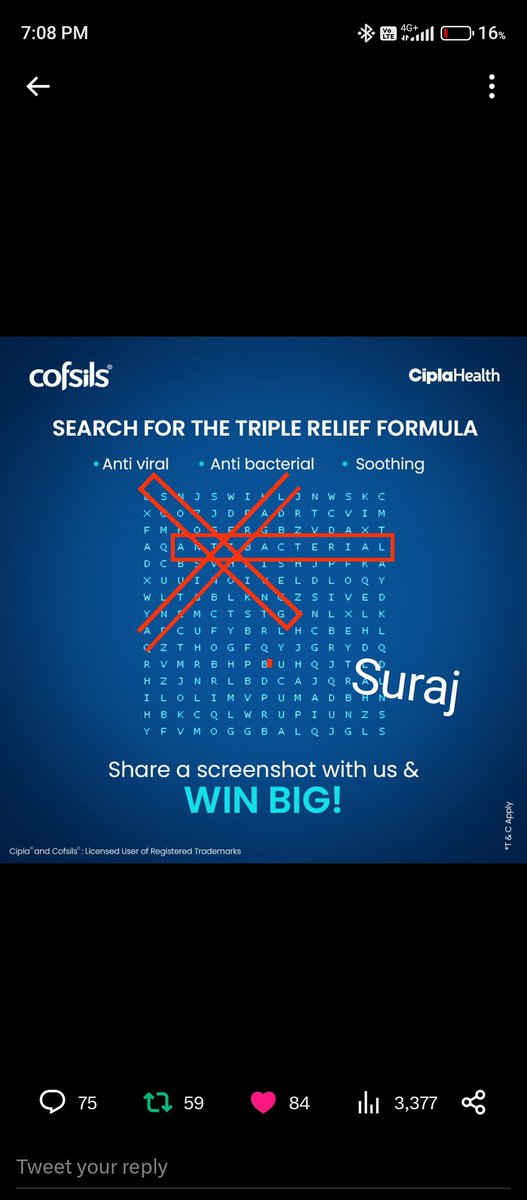 @cofsils Here is my screenshot.

@cofsils
 
#india #winbig #amazingprizes #Cofsils #SoreThroat #Sore #Throat #Remedy #sorethroatremedy #lozenge #lozenges #Health #killsgerms #QuickRelief #Quick #Relief #5mins
Tag
@Shubham_1176 
@Moolnath__ 
@Dinanath56