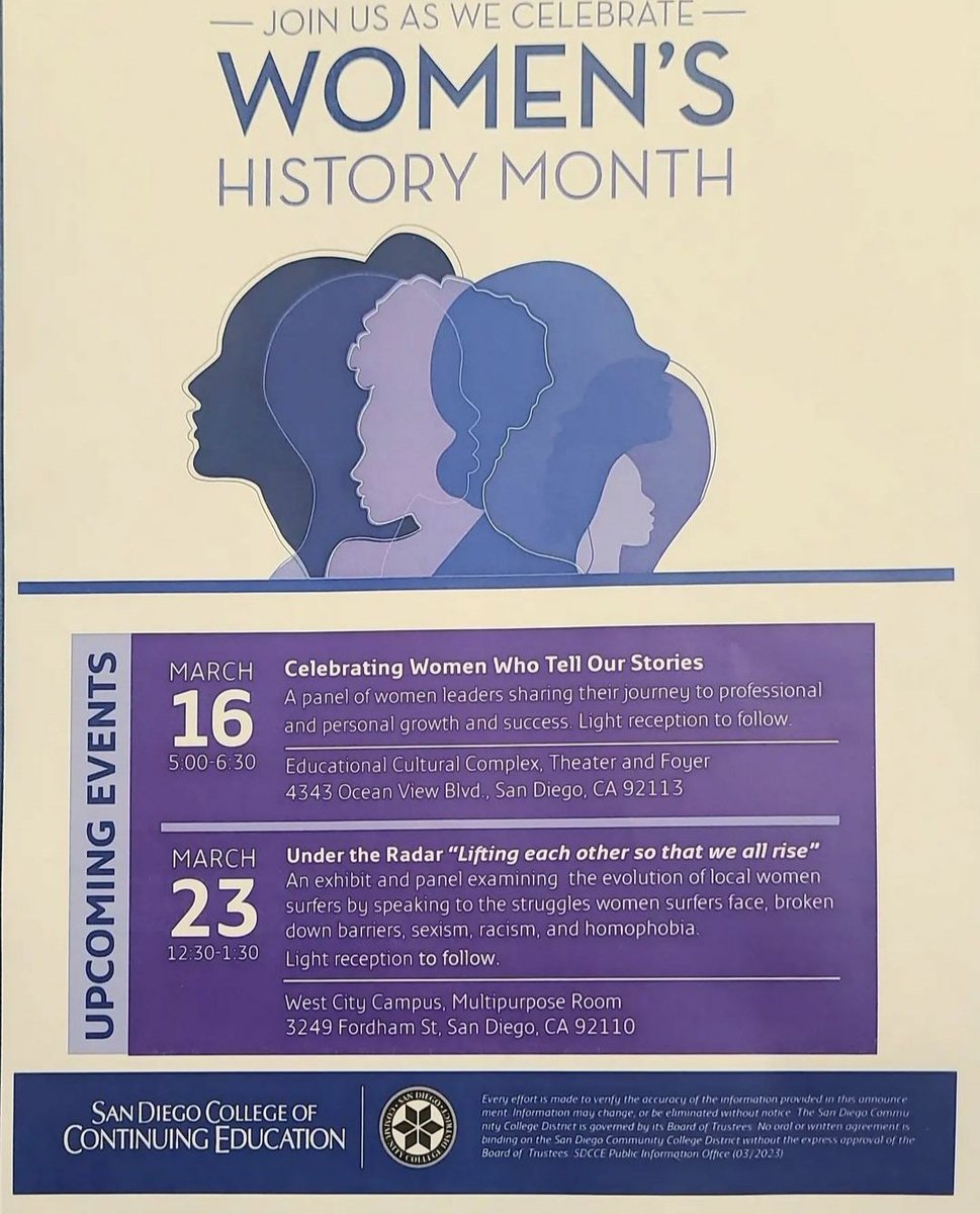 Join SDCCE today at its ECC campus in Celebration of Women's History Month at 5 pm in our Theater for a panel of empowering women in higher education. A light reception will follow. 4343 Oceanview Blvd in SD. <a href="/SDCCEEDU/">San Diego College of Continuing Education</a> <a href="/DrKingTina/">Tina Maria King, Ed.D.</a> <a href="/sdccevpss/">Dr. Shakerra Carter</a> <a href="/SDCCEOutreach/">SDCCE Outreach</a>