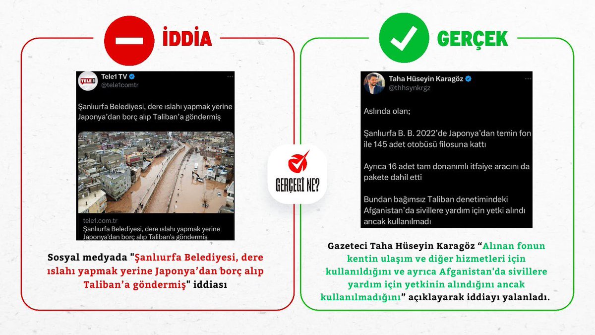 GercegiNe's tweet photo. “Şanlıurfa Belediyesi, dere ıslahı yapmak yerine Japonya’dan borç para alıp Taliban’a göndermiş” iddiası ❌
#GercegiNe https://t.co/NbdmGOHNhB