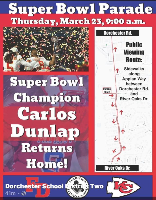Carlos_Dunlap's tweet photo. Looking forward to celebrating in LowCountry. Seeing the students, teachers and staff from the @TeamDDTwo schools: Windsor Hill Elementary, Eagle Nest Elementary, Oakbrook Middle, River Oaks Middle and Ft. Dorchester High during our SuperBowl parade. Long time comin Can’t wait!!! https://t.co/CWUgi4eUuj