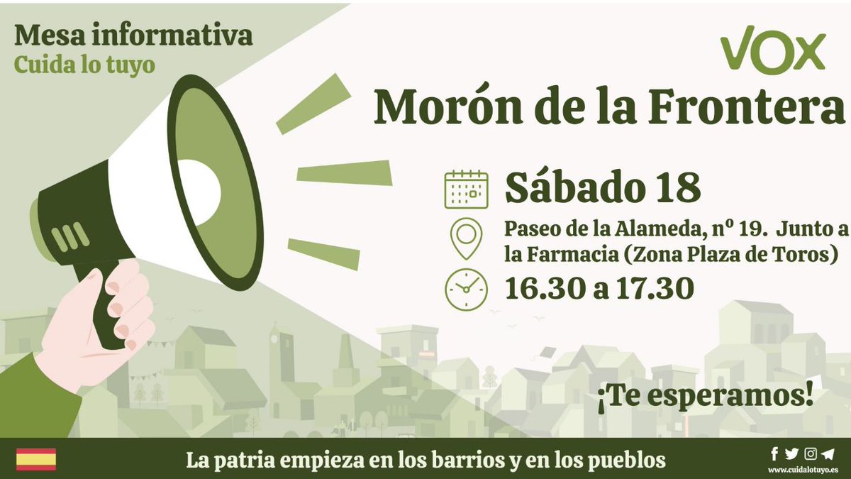 VOX_MORON's tweet photo. 👉 Este sábado tienes una doble cita con el equipo de coordinación de VOX Morón: 

⏰ A las 14:00, convivencia de afiliados y simpatizantes con nuestro candidato a la alcaldía Germán Barquín.

⏰ Y de 16:30 a 17:30, mesa informativa #CuidaLoTuyo. 

¡No faltes! ¡Te esperamos! https://t.co/rn4of7Eqqg