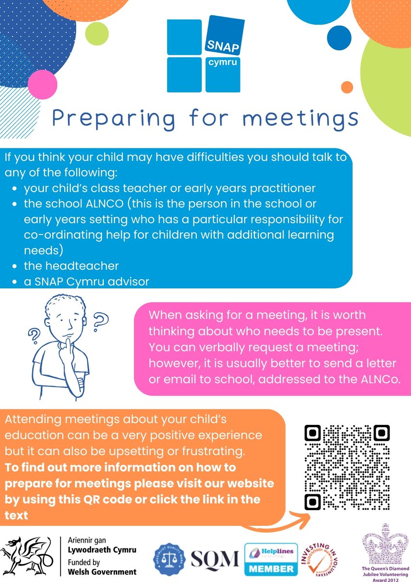 SNAPcymru's tweet photo. Are you preparing for a school meeting?
If you want to find out more, visit our website page here or by following the QR code on the post! 
https://t.co/rc2gl0e9r7 

 #SNAPCymru #ALN #PreparingForAMeeting #SENtoALN https://t.co/w1E9sduDbT