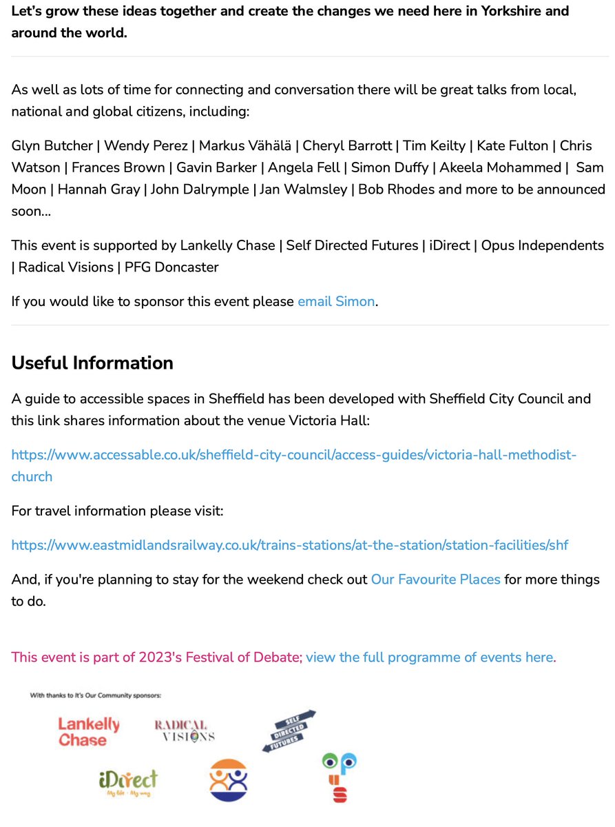 It's Our Community!
 Join us in Sheffield - 18 May
Meet <a href="/glynbutcher/">Glyn Butcher</a> @MarkusVahala @CeeChangeAGEnt <a href="/timjkeilty/">Tim Keilty</a> @chriswatson101 <a href="/angelafell/">Angela Fell- Northern ❤️ & Soul. Citizen of Wigan.</a> @TheBoyMoon1 <a href="/citizen_network/">Citizen Network</a> <a href="/WritingforWell1/">Writing for Wellness</a> <a href="/CitizenForward/">Citizen Network Research</a> <a href="/CitizenReform/">Constitutional Reform</a> @radicalvisions_ <a href="/Avivolivelife/">Avivo: Live Life</a> <a href="/OpusIndependent/">Opus Independents</a> <a href="/JoeDoran123/">Joe</a> +