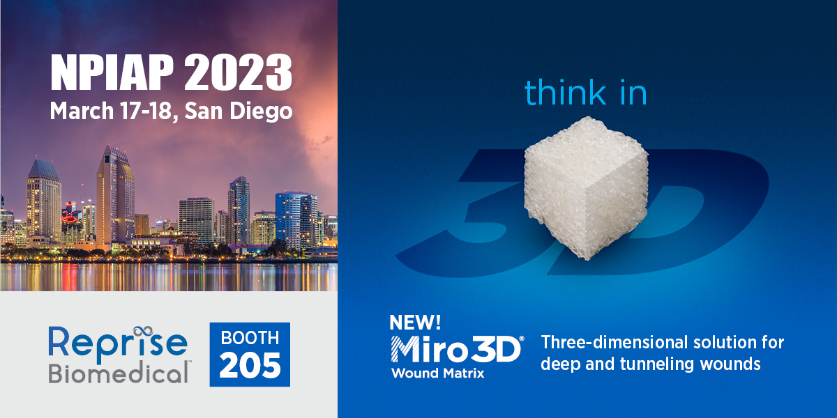 RepriseBio's tweet photo. Visit us at booth 205 at National Pressure Injury Advisory Panel Annual Conference (NPIAP) this weekend. Learn more about the NEW Miro3D Wound Matrix. Think in 3D for the treatment of deep and tunneling wounds. 
More: https://t.co/44SrRvXce5
#NPIAP2023 #woundcare #pressureinjury https://t.co/kQGeH8worH
