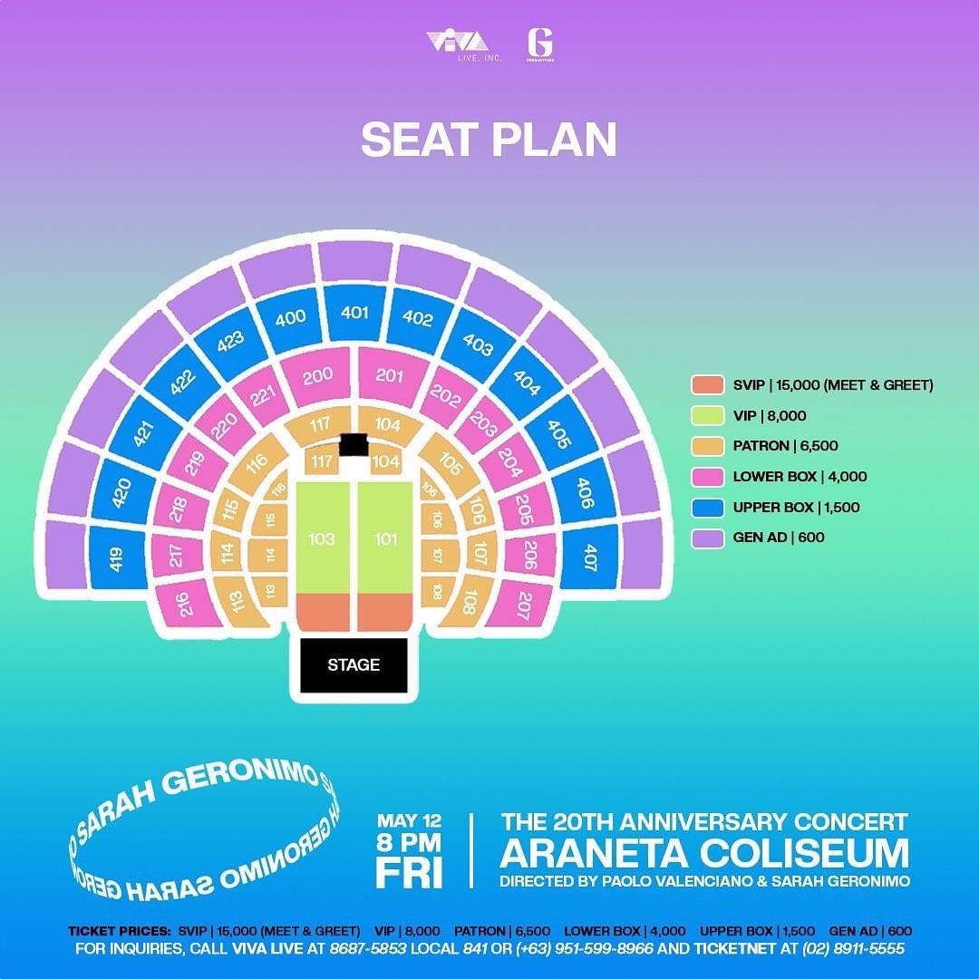 PopstersSarahG's tweet photo. ATTENTION, POPSTERS 📢

Here’s the seat plan for SARAH GERONIMO’S 20th Anniversary Concert on May 12, 2023 at Smart Araneta Coliseum

Tickets are AVAILABLE TOMORROW MARCH 17
For inquiries, please call TicketNet (02) 8911 - 5555 https://t.co/LPIYA7qabp