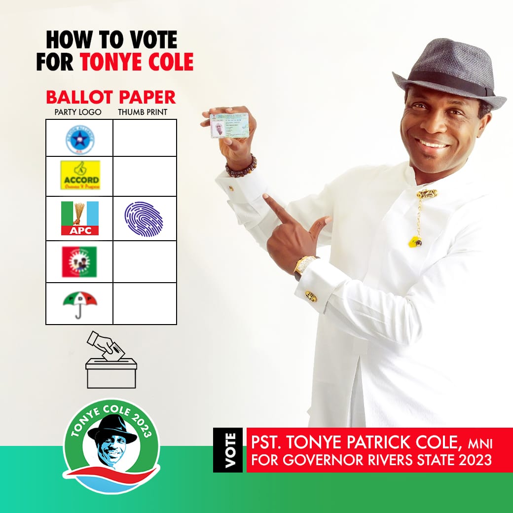 TonyeCole1's tweet photo. A vote for me is a vote for you!
March 18th is our day. Victory is at hand!
#tonyecole #tonyecole2023 #tonyecoleforgovernor #RiversDecides2023 #wegodoam #AFreshStart #ForwardWithCourage #nigeria #votewisely #riversstate2023 #rivers2023 #oneriversonepeople #peaceandcourage https://t.co/0bgjmnP1wf