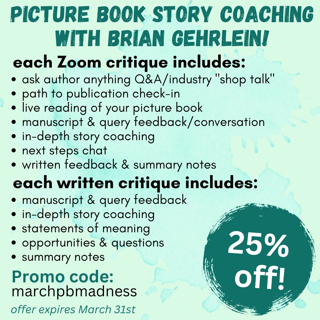 BrianGehrlein's tweet photo. Only 15 more days left of March PB Madness!! Lock in your critique using the promo code for 25% off 🤓

Written &amp; Zoom critiques are available!

https://t.co/hOUWzcNiKL
#amquerying #kidlit #PictureBooks https://t.co/3hAvp4cteG