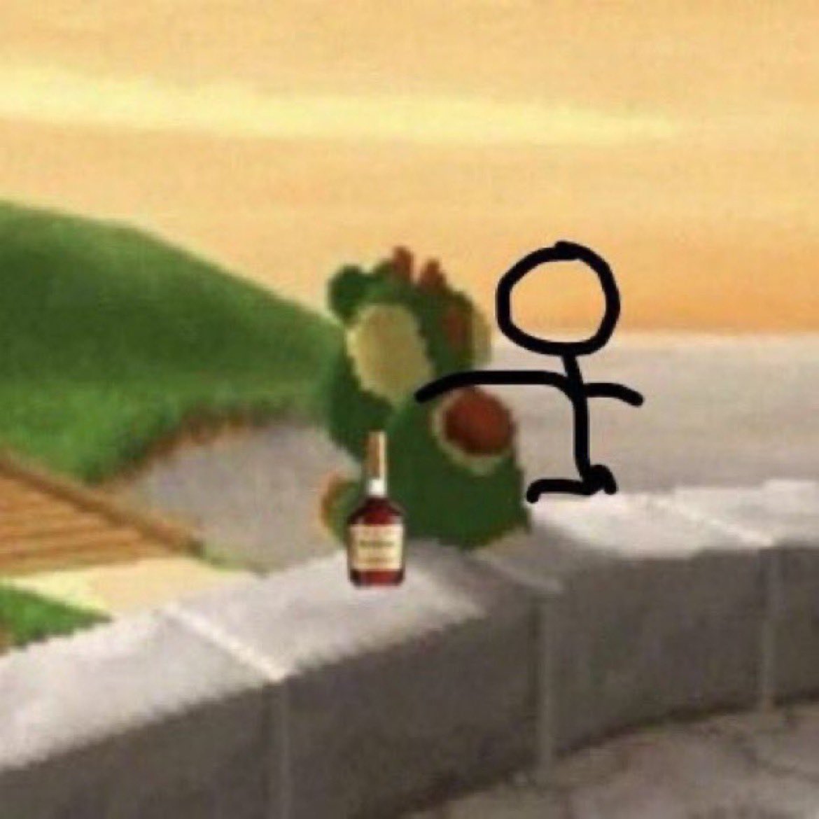 Yoshi sulks on a bridge in the Mushroom Kingdom with a bottle of alcohol. A stick figure sits by his side to comfort him