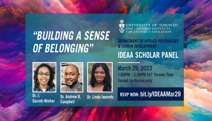 On March 29, OISE’s Black scholars share their lived experiences as racialized academics while exploring the importance of equity, diversity and inclusion in research today. Join @j_garrettwalker, @DRABC14 &amp; <a href="/dr_iwenofu/">Dr. Linda Iwenofu, C.Psych.</a> in person! bit.ly/IDEAAMar29 x <a href="/APHDatOISE/">OISE - Applied Psychology & Human Development</a>