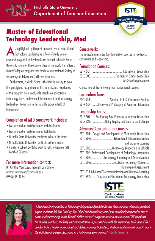 Interested in a Master's in Ed Tech WITH #ISTEcertification?  Come join the best of the best beginning this summer for 18 months, fully online.  #iste #nichollsgrad