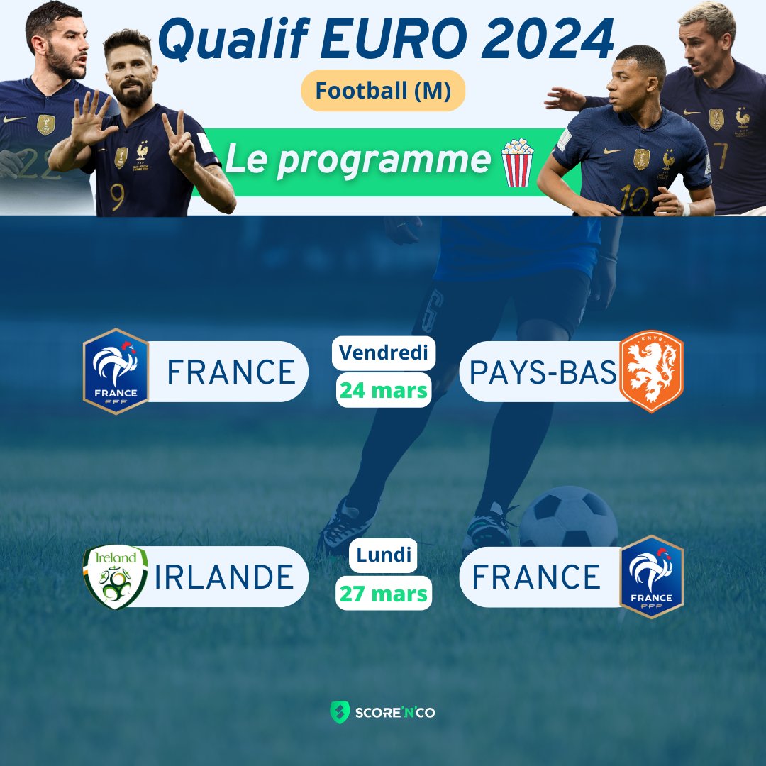 [𝙁𝙤𝙤𝙩𝙗𝙖𝙡𝙡 - 𝙌𝙪𝙖𝙡𝙞𝙛' 𝙀𝙐𝙍𝙊 2024 (𝙈)] 🏆

Premier rassemblement de l'année pour l'<a href="/equipedefrance/">Equipe de France ⭐⭐</a> ! 🙌

Au programme, 
⚽ 24/03 : FRANCE 🆚 🇳🇱 <a href="/OnsOranje/">OnsOranje</a> 
⚽ 27/03 : FRANCE 🆚 🇮🇪 <a href="/IrelandFootball/">Ireland Football ⚽️🇮🇪</a> 

La France gagnera-t-elle ses 2 premiers matchs ? 🫣