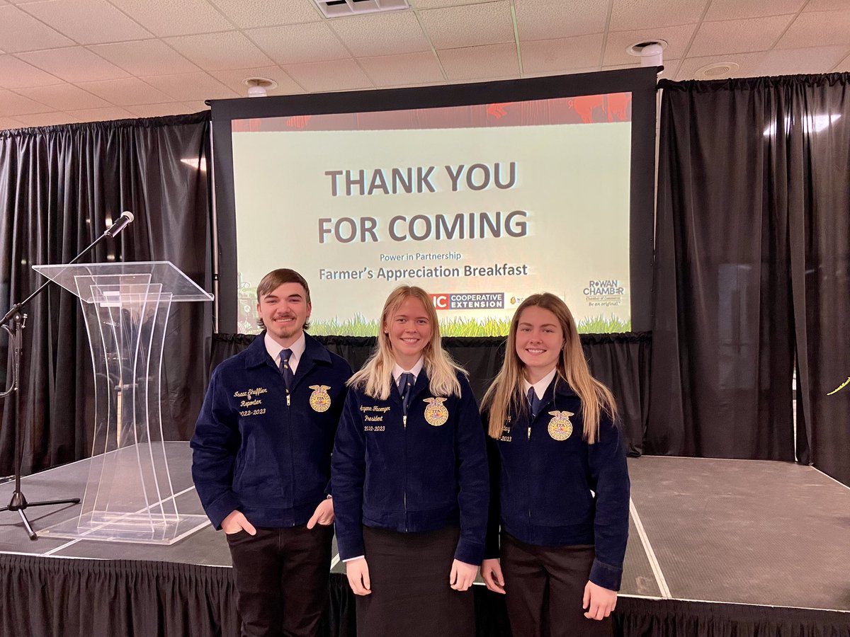 Three of our FFA officers attended the Salute to Agri-Business Breakfast in Salisbury this morning. This event is hosted by the Rowan County Cooperative Extension and the Rowan County Chamber of Commerce to promote agriculture awareness 🌾 #agvocate