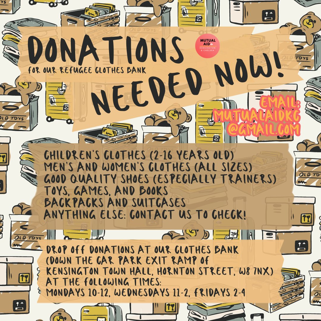 Volunteer Centre Kensington & Chelsea (@volcentre_kandc) on Twitter photo Help Mutual Aid KC clothe refugees and asylum seekers by donating now! They see over 100 people every week so every donation goes straight to those who need it most 🫶🏽
For any questions, email mutualaidkc@gmail.com :)
#donationsneeded #refugees #charity #community #donatenow Help Mutual Aid KC clothe refugees and asylum seekers by donating now! They see over 100 people every week so every donation goes straight to those who need it most 🫶🏽
For any questions, email mutualaidkc@gmail.com :)
#donationsneeded #refugees #charity #community #donatenow