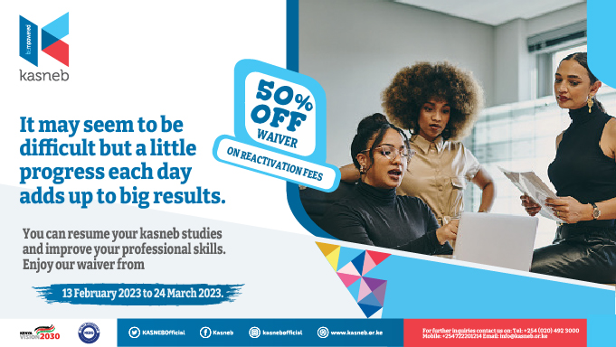 KASNEBOfficial's tweet photo. Are you a dormant student who wants to resume their Kasneb journey? Reactivate your account today and enjoy a 50% waiver on reactivation fees.#grabthechance https://t.co/swyTW7UyWF