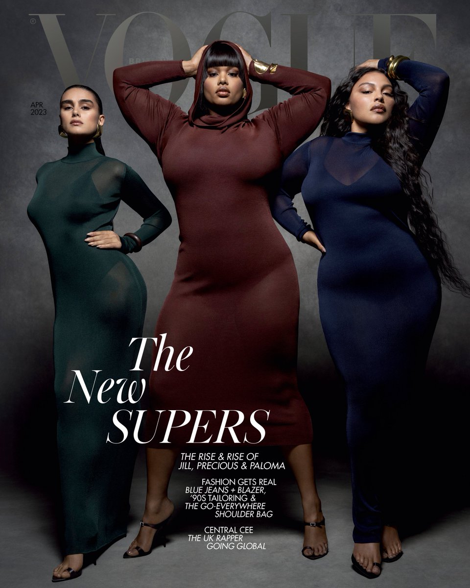 BritishVogue's tweet image. Introducing fashion’s new model trinity: Jill Kortleve, Precious Lee and Paloma Elsesser are British Vogue’s April 2023 cover stars: trib.al/3Do6aaF