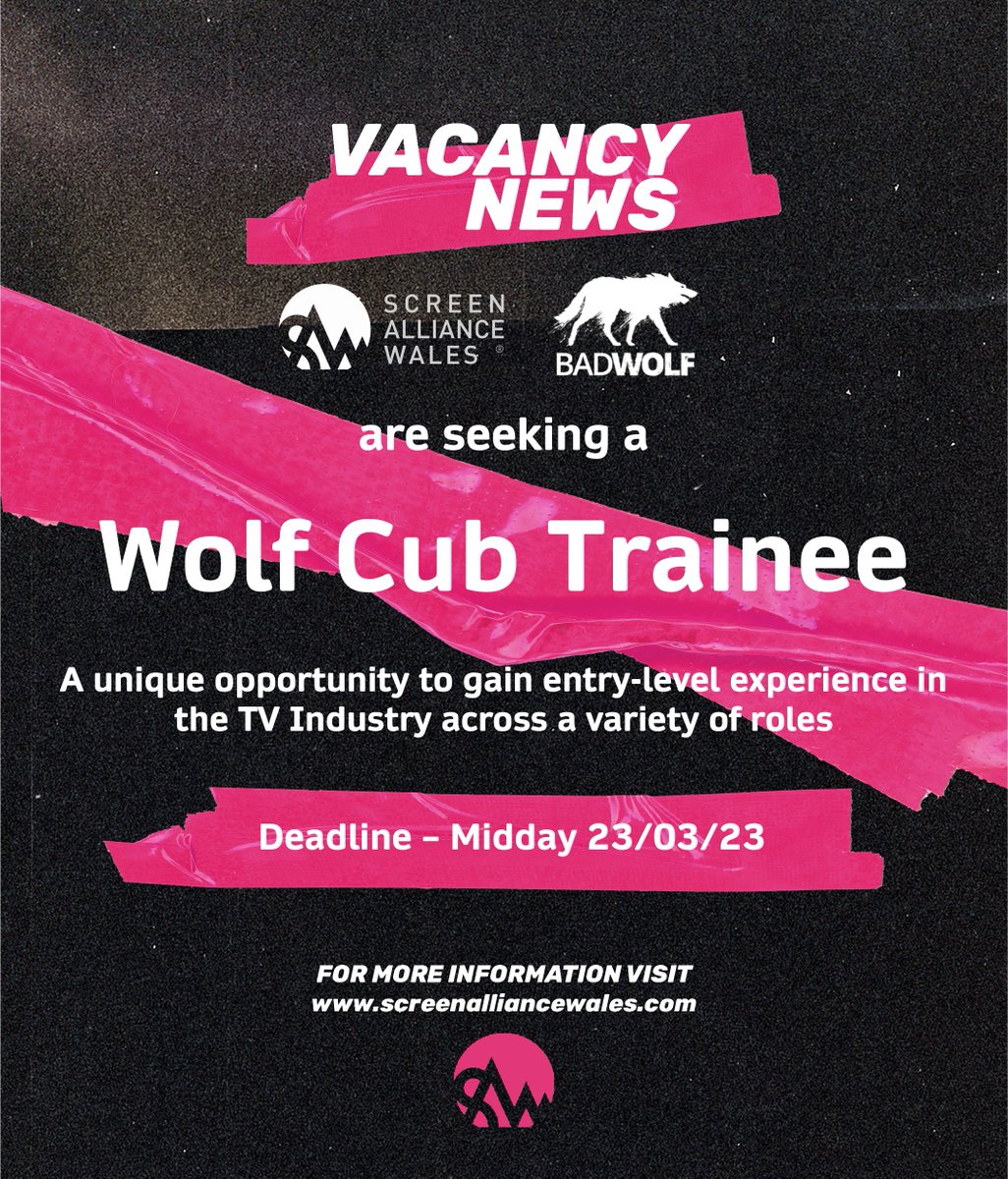 A unique opportunity has arisen for a year-long contract to work with Screen Alliance Wales, <a href="/BadWolf_TV/">Bad Wolf</a> and Production. 

The successful person will be able to experience a production process across a range of different departments. 

Find out more at: screenalliancewales.com/vacancies