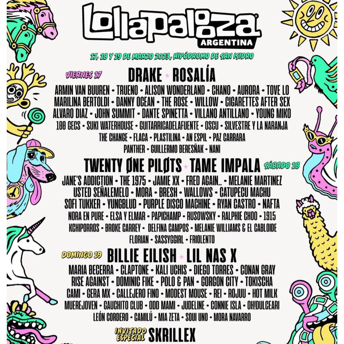 Los40ar's tweet photo. ¿Te imaginás ver a todos estos artistas en vivo? ¡HOY SE VA EL ÚLTIMO 3 DAY PASS! Vas a disfrutar de tus bandas favoritas en Lollapalooza 😎 con el HT #LollapaloozaEnLOS40 ya estás participando por tu acceso para los 3 días😉 https://t.co/tKkjDzMPT9