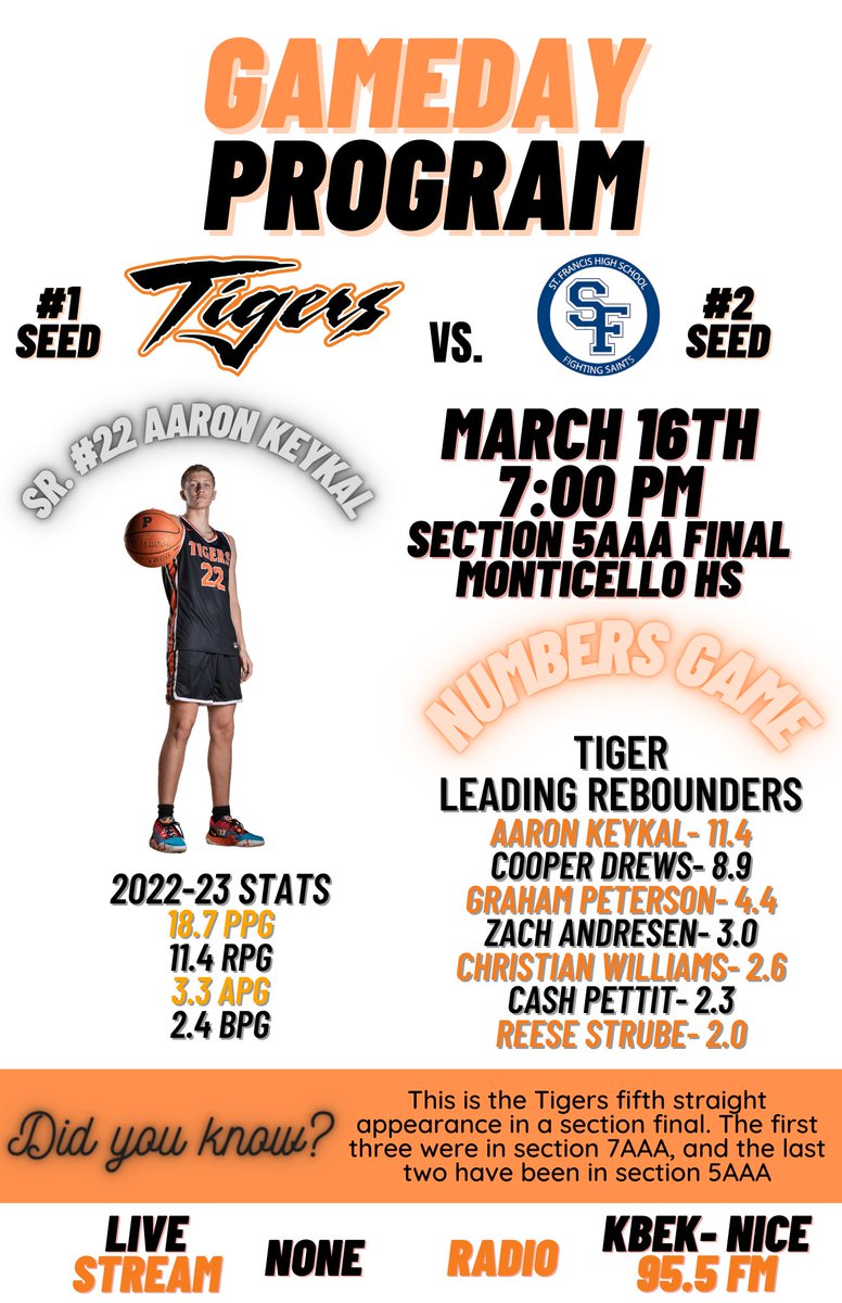 PrincetonBoysBB's tweet photo. Gameday Program!

Tigers travel to Monticello High School to play St. Francis in the section 5AAA final. https://t.co/Mw5lgaMQ0a