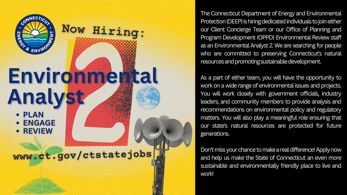 CTStateJobs's tweet photo. 👀🌎📊 Attention all Data-driven and Analytical Professionals: Do you have a passion for research and the environment? If so, we have some outstanding opportunities for you!

 #ApplyNow - applications accepted through 3/24/2023: https://t.co/d1eX1mjUBy

@CTDEEPNews https://t.co/webdUYoWnm