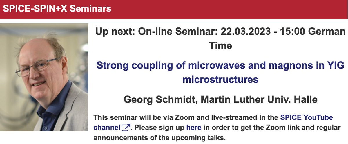 SPICE_Mainz's tweet image. Talk on Wed. at 15:00, March 22nd, by Georg Schmidt at the @SPICE_Mainz - @spin_plus_x seminars - Strong coupling of microwaves and magnons in YIG microstructures - spice.uni-mainz.de/2023/02/28/298… by Zoom-Webinar or live on #SPICEYouTube