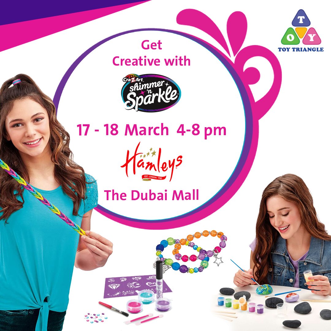 ToyTriangle's tweet photo. It's time to get creative with Shimmer 'n Sparkle @HamleysUAE! Visit their The Dubai Mall store this Friday or Saturday, from 4 to 8 pm; register your kids (registration starts at 3 pm) and then they can try activities like bracelet making, sand art and more ๐ #ToyTriangle https://t.co/FtUG6BKkLP