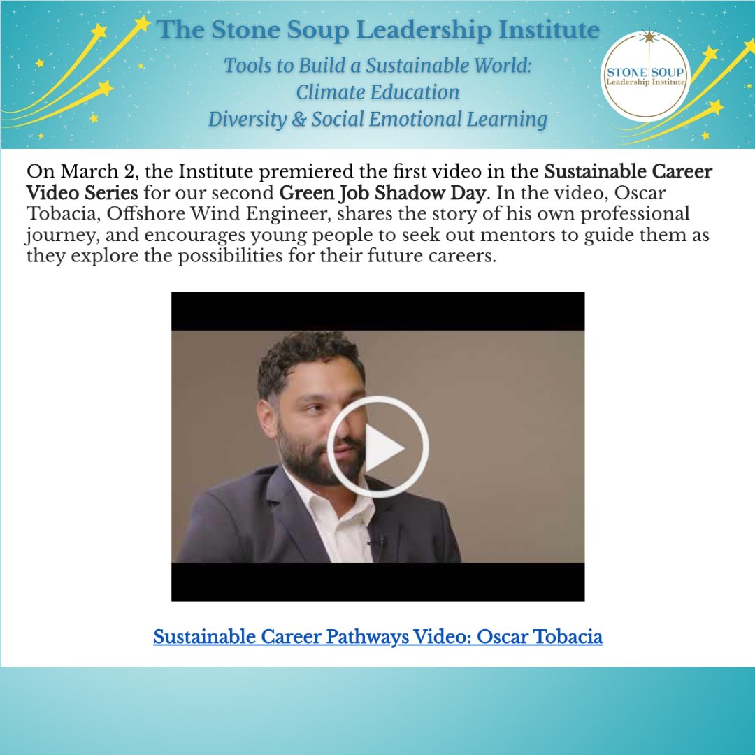 stonesoupleader's tweet photo. The Institute premiered our Sustainable Career Video Series featuring Oscar Tobacia, Offshore Wind Engineer. Held in conjunction with the second virtual Green Job Shadow Day.
https://t.co/CpRls5TJJA
#RenewableEnergy #JobShadowDay #Mentors #GreenJobs https://t.co/rKG3CstQBI