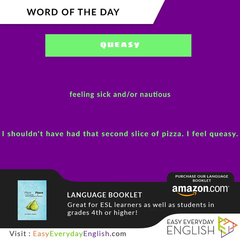 EEEWordlists's tweet photo. easy_everyday_english 

#WordOfTheDay is "queasy” via @EEEWordlists
 
Meaning: feeling sick and/or nautious

https://t.co/nDWcGb8C8E

Buy Book: https://t.co/hdilvqHFvK

#vocabulary #dictionary #thesaurus #EEEWordlists #onlinedictionary #englishclass #WordsOfWisdom https://t.co/8LwAu8veNw