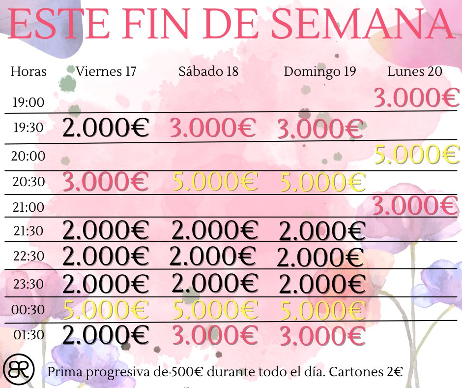 BingoRoma's tweet photo. 📝⏰¡Anota los horarios y no te pierdas nada!

Hasta 6 bingos garantizados de 5.000€

¡Te esperamos!

#madrid #barriosalamanca #gastronomia #bingo #madridmola #madrid_joven #gastrobingo #viernes #sabado #domingo #premios #findesemana #drunch #cena #diversion #amigos https://t.co/ghL6lkrugS