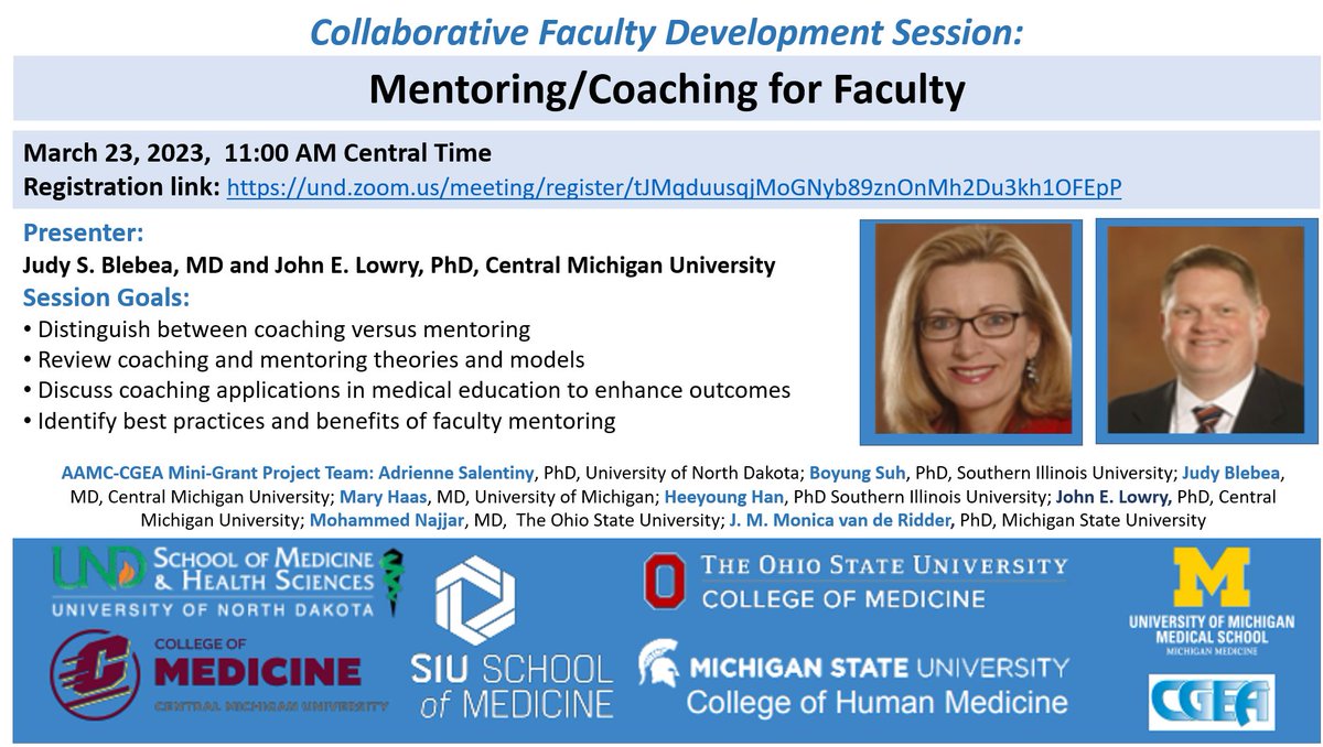 Join us next Thursday at noon ET for mentoring and coaching for medical faculty. shorturl.at/nxALR @CMU_Medicine @AMEE_community @DMC_Heals @BrownJHM @AWAEM @UNCSOMFALD @mededice @SGEAnews @uicdme @DevMedEd @EinsteinFacDev @OFA_MUSOM @HSCFacDev @TheCgea