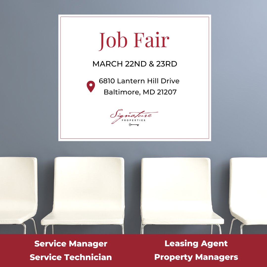Don’t miss out on your future with Signature Properties 💼
   
#NowHiring #JobFair #SignatureProperties #BaltimoreMD #MultifamilyHousing #MultifamilyRealEstate #MultifamilyCommunities #ApartmentRentals