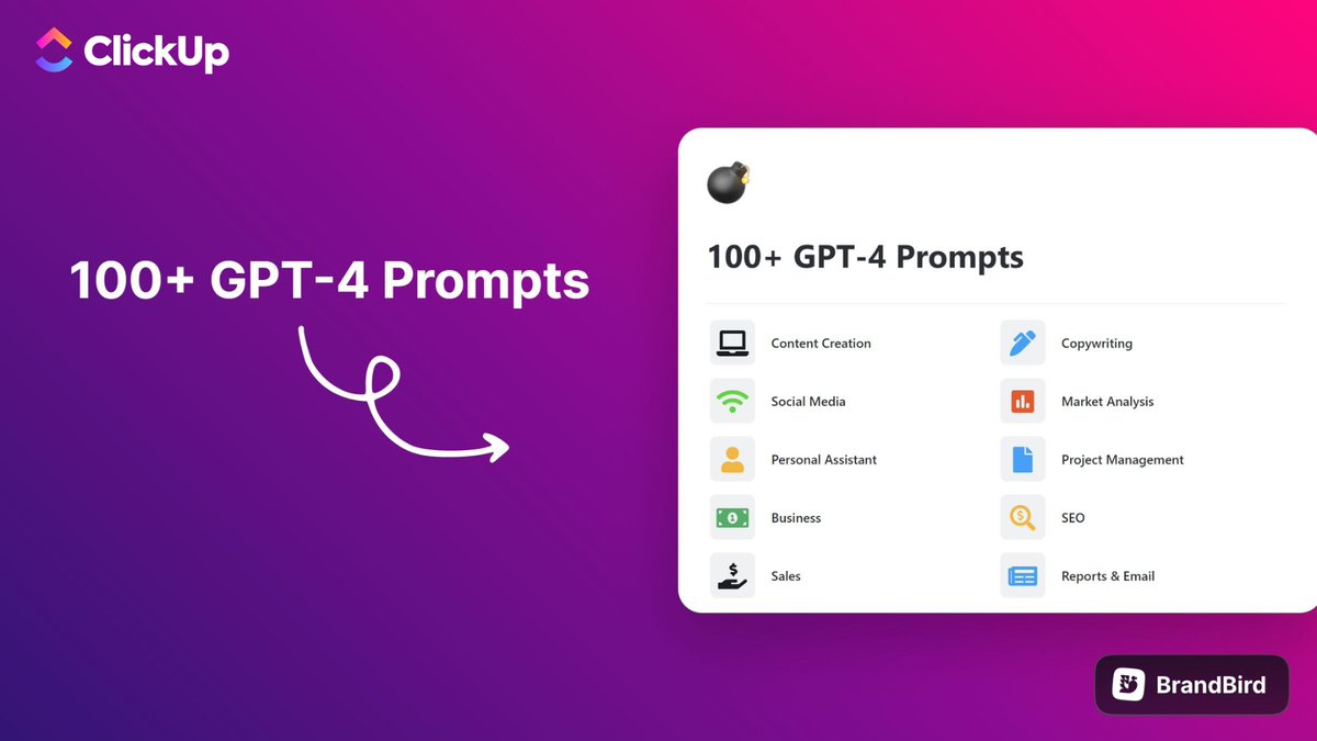 heyyavaryy's tweet image. I've prepared a ClickUp resource with 100+ ChatGPT-4 Prompts 

It is FREE today

But after 24 hours, it will cost $$$.

To get it,
1. Retweet 
2. Follow @clickup and @heyyavaryy  
3. Comment '👌🏻'

And I'll send it to you for FREE