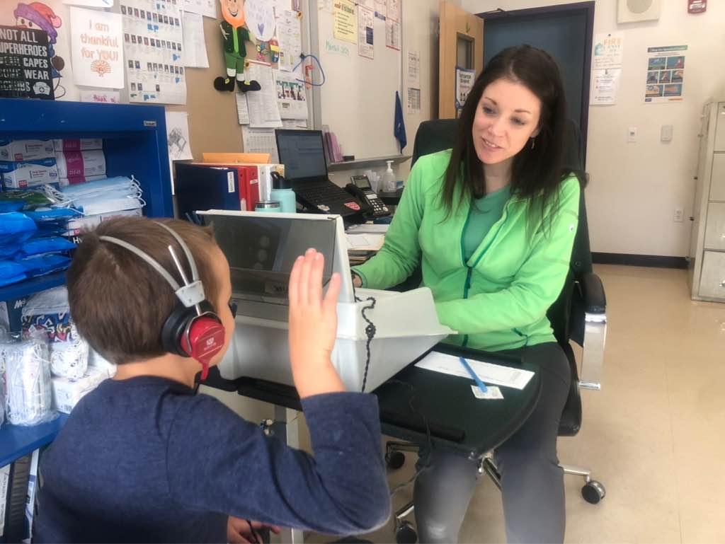FiskSchool's tweet photo. Hearing testing in Nurse Laflamme’s office. https://t.co/vtKxJViNjw