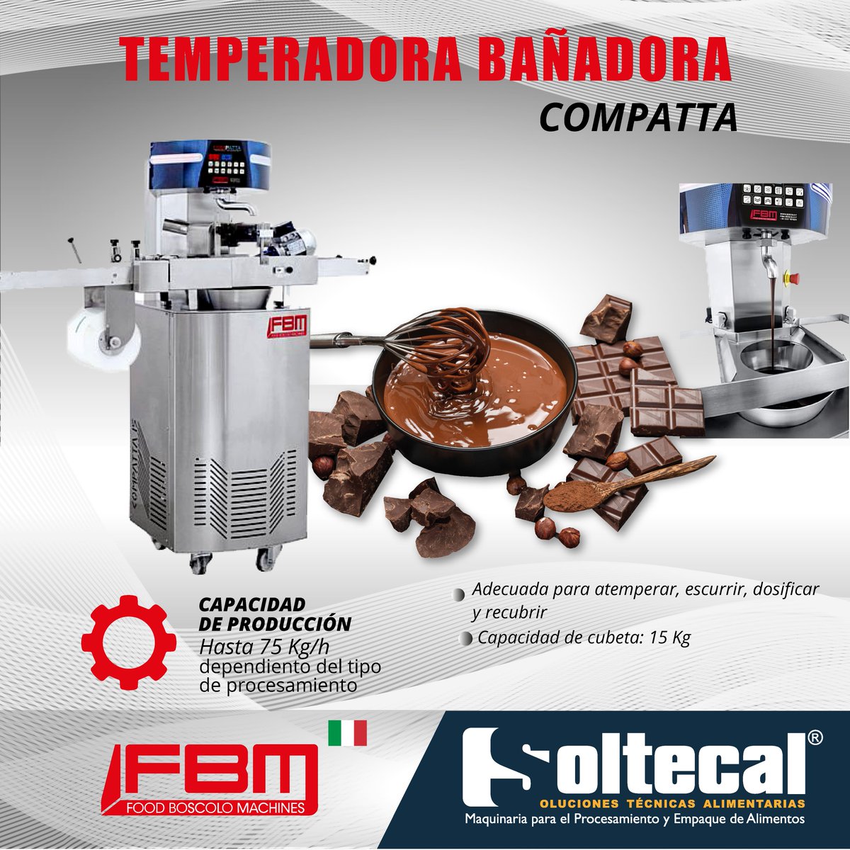 SOLTECAL's tweet image. COMPATTA para aquellos chocolateros con producciones continuas es adecuada para temperar, escurrir, dosificar y recubrir. Capacidad de la cubeta: 40 kg. Productividad potencial 80 Kg/h.

#fbm #temperingmachine #chocolatemachine #cacao #chocolovers #cacaoychocolate