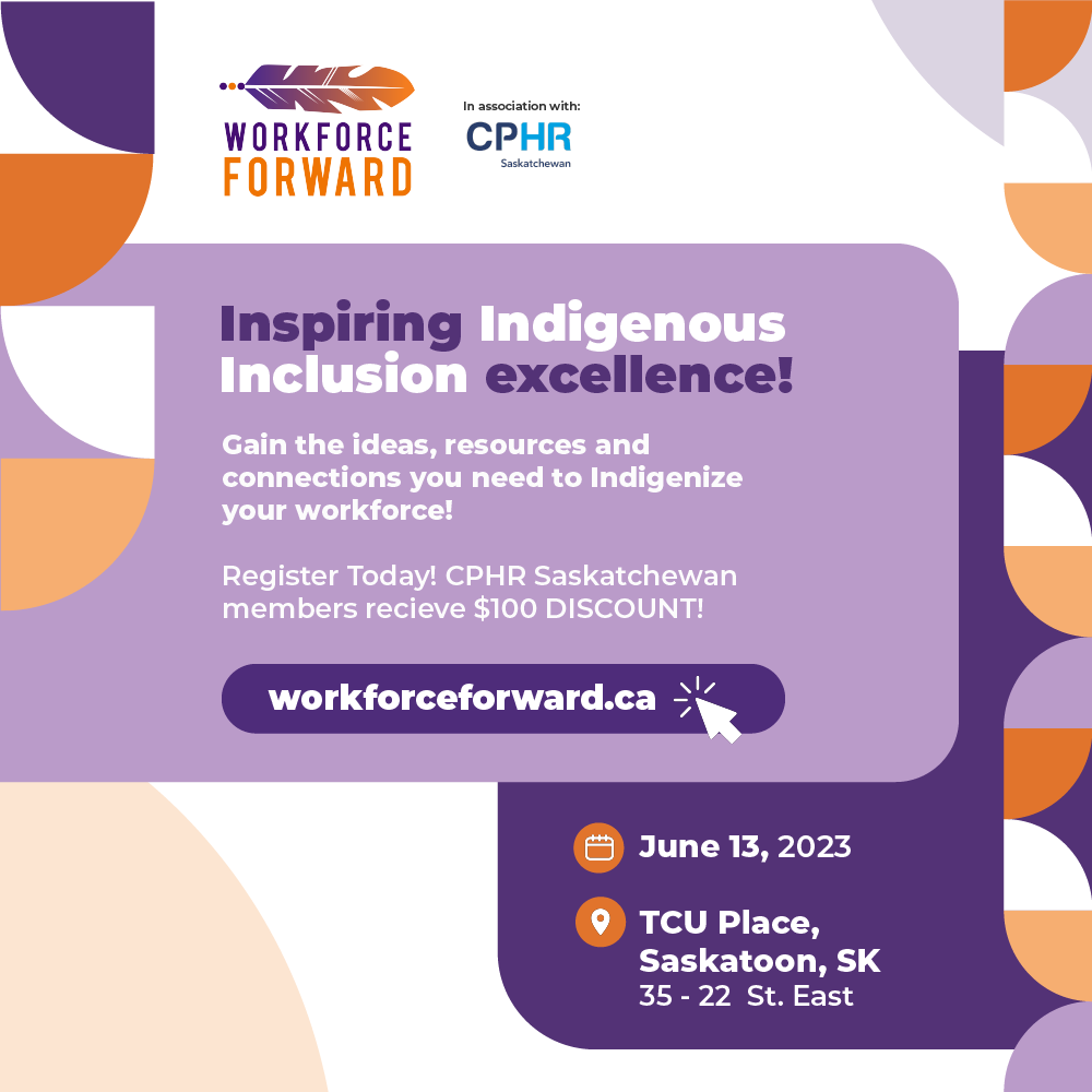 CPHRSK's tweet photo. @CPHRSK is proud to partner with @WorkforceFWD for their upcoming Conference on June 13, 2023
at @tcu_place in Saskatoon!

Click here to learn more https://t.co/pbG9L69zI6

#WorkforceForward #WFF23 #IndigenousInclusion #WorkplaceDiversity #CPHR #HR #PeopleLeadingBusiness https://t.co/niI5pqzU77