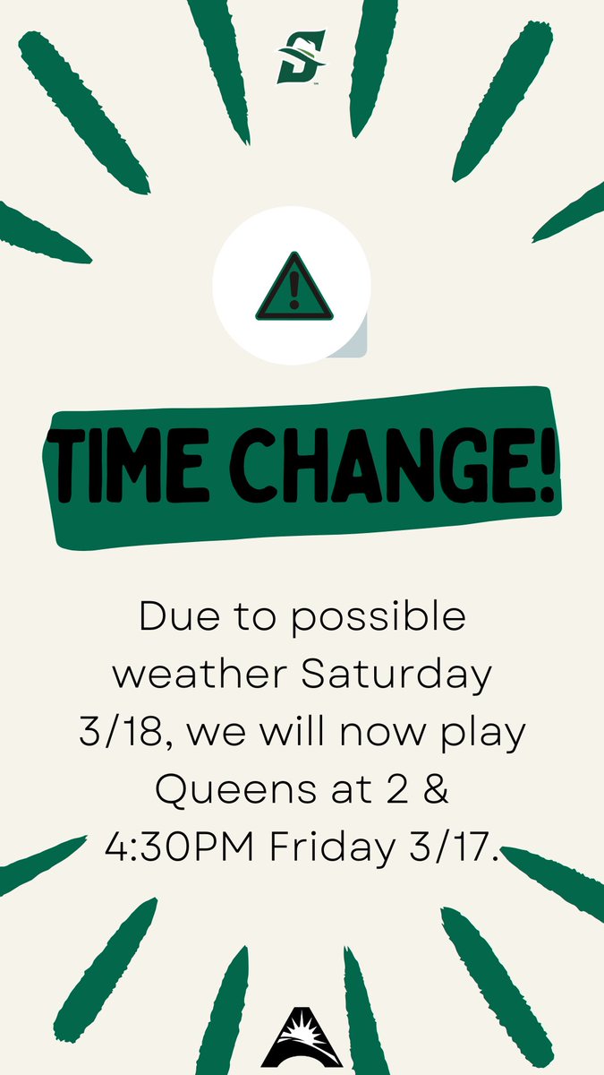 StetsonSoftball's tweet photo. SCHEDULE CHANGE. Sunday’s series  finale is still set for 1pm. 

#GoHats | #morethanme https://t.co/q7pYkIj1xL
