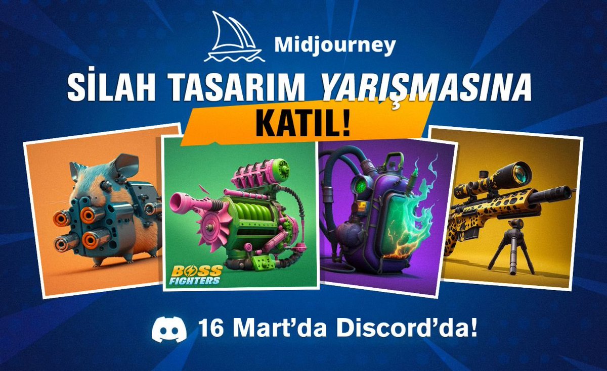 🎮 İçinizdeki oyun geliştiriciyi serbest bırakmaya hazır mısınız? 🔫 

Silah Kaplamaları Yarışması şimdi başladı!

Katılmak için Discord'umuza katılın! 👉 discord.gg/bossfighters

En yaratıcı konseptler potansiyel olarak oyunda uygulanacaktır! 💥

#aiart #midjourney #bossfighters