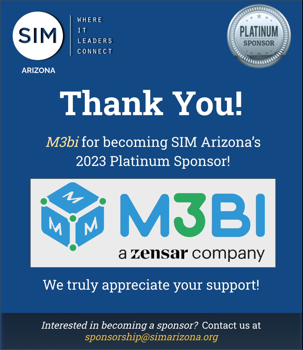 SIM_Arizona's tweet photo. Join us in showing our thanks and appreciation to 𝗠𝟯𝗯𝗶 for becoming our 2023 Platinum Sponsor! Platinum is our highest level of sponsorship. Our sponsors are a critical part of making SIM a success for all our members and partners. #itleadership @Zensar #simarizona #cio https://t.co/CHAg36Uz9N