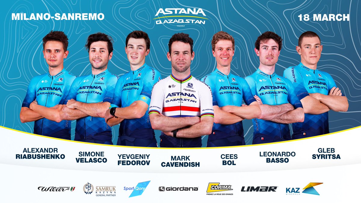 🇮🇹 ROSTER: <a href="/Milano_Sanremo/">Milano Sanremo</a> 

<a href="/MarkCavendish/">Mark Cavendish</a> 
Cees Bol 
Yevgeniy Fedorov 
<a href="/simovelasco/">Simone Velasco</a> 
<a href="/AlexRiabushenko/">Aleksandr Riabushenko</a> 
Gleb Syritsa 
Leonardo Basso 

#MilanoSanremo #AstanaQazaqstanTeam 

📷 <a href="/SprintCycling/">SprintCycling</a>