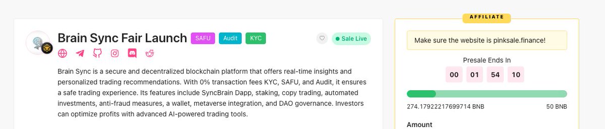 chinapumprocket's tweet photo. #SyncBrain is ending its fairlaunch at 15:00 utc today. In my research, this project has Audit , KYC and SAFU as well, so that we can trust them as well. 

https://t.co/ap9RO3Ml3a

Join their TG to know more about the project
https://t.co/3zmnHtkchx https://t.co/wvlNytTi7s