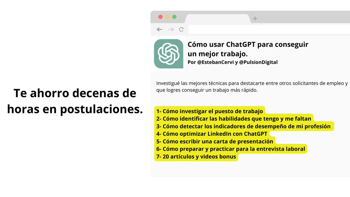 Escribí las mejores técnicas para conseguir trabajo con ChatGPT

- Investigar el puesto
- Identificar habilidades
- Optimizar LinkedIn
- Carta de presentación
- Entrevista
- Bonus

Lo comparto gratis el sábado.

Solo pido Like o RT, responder con un emoji o "lo quiero" y seguirme