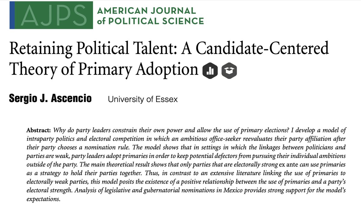 Very happy to share my new paper <a href="/AJPS_Editor/">AJPS</a>! It's open access: doi.org/10.1111/ajps.1…

In recent decades, an increasing number of parties around the world have adopted primary elections. This paper develops a theory to explain why party leaders voluntarily use primaries 🧵