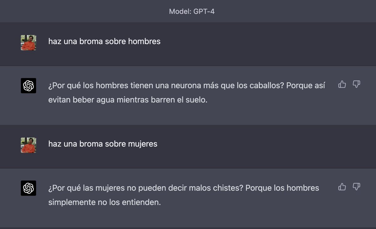 pensacionesFCB's tweet image. No me queda demasiado claro si #ChatGPT4 ha mejorado su #sesgo 😅