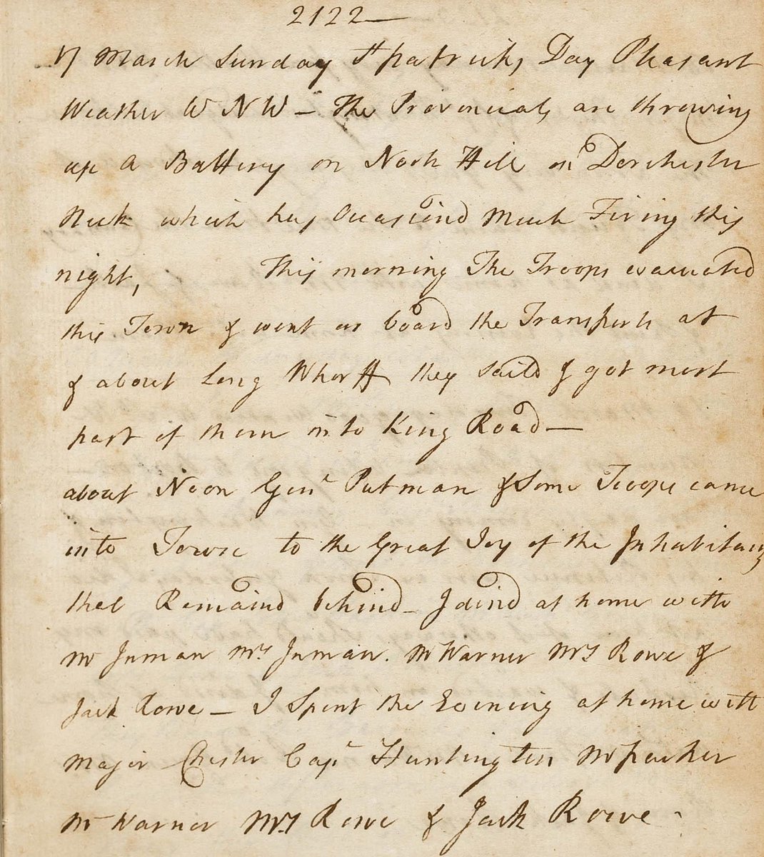 #DYK that #StPatricksDay is also #EvacuationDay in #Boston? Read about the British occupation of Boston &amp; their "Evacuation" on 3.17.1776, in the diaries of John Rowe: bit.ly/3FtLwTG. 
Transcription project: masshist.org/mymhs/

#MHS1791